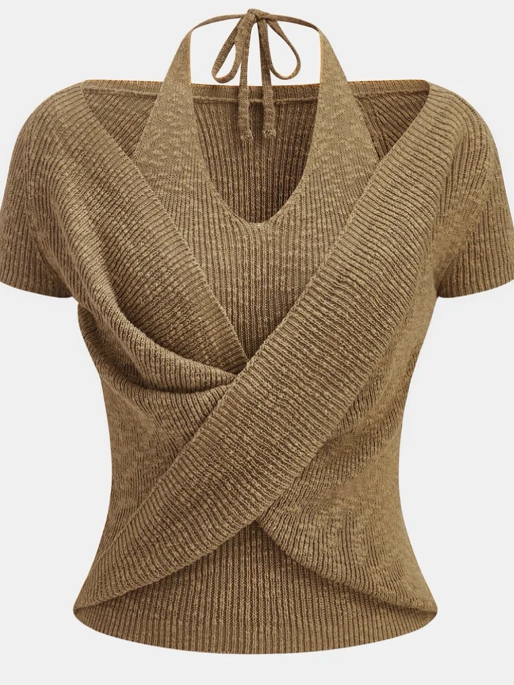 Commense Halter Wrap Short Sleeve Knit Top in Brown, Size Medium (Runs Small)